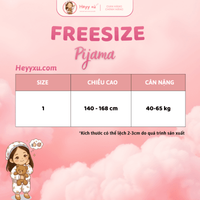Bảng size pijama freesize từ 40-65kg cho set đồ Hoạ Tiết Đũi Cổ Bèo Nơ Ngọt Ngào.