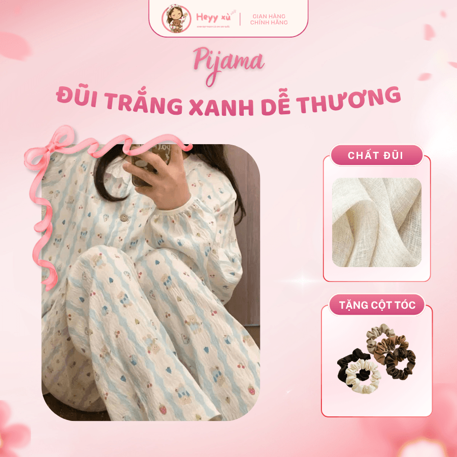 Pijama Đũi Xanh Dễ Thương - HTCD03 1 Pijama Đũi Xanh Dễ Thương - HTCD03