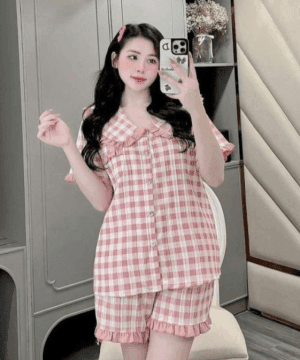 Alternative view of Pijama Cổ Bèo Công Chúa Chất Dũi Mát Caro Hồng Trắng Dễ Thương